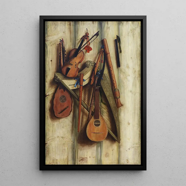 Paravent with musical instruments in trompe-l'œil - Cornelius Norbertus Gijsbrechts — framed artwork on a wall