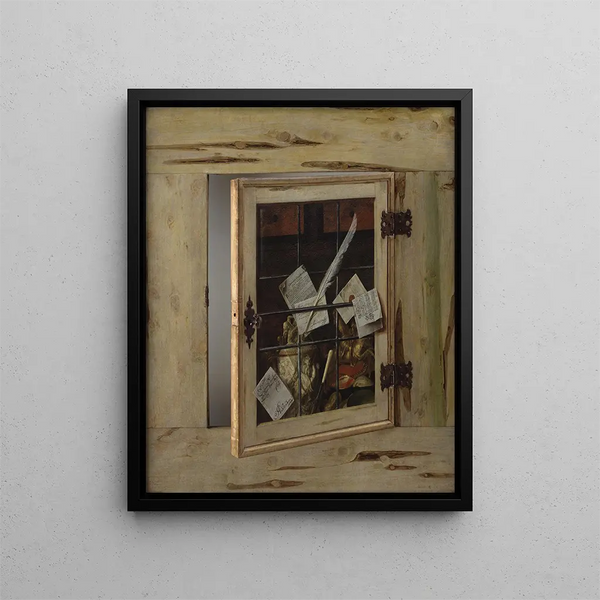 Trompe-l'œil Painting of a cabinet of curiosities with an ivory tankard - Cornelius Norbertus Gijsbrechts — framed artwork on a wall