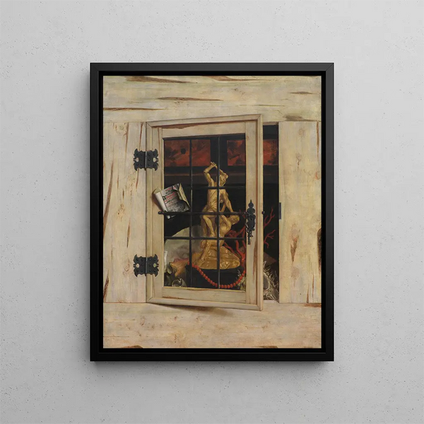 Trompe-l'œil An open cabinet of curiosities with a Hercules group - Cornelius Norbertus Gijsbrechts — framed artwork on a wall