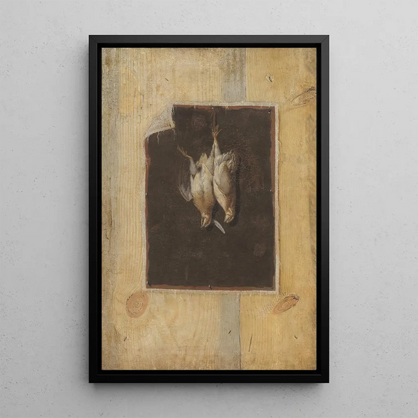 Paravent en trompe-l'œil avec une nature morte de deux oiseaux morts accrochés au mur - Cornelius Norbertus Gijsbrechts — framed artwork on a wall