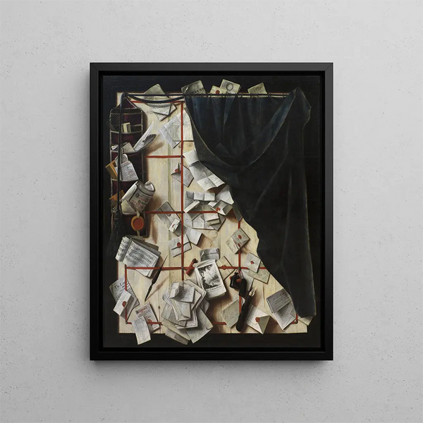 Cloison en trompe-l'œil avec porte-lettres et livre de musique - Cornelius Norbertus Gijsbrechts — framed artwork on a wall