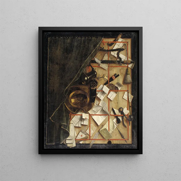 Trompe-l'œil Letter Rack Painting With A Barber-Surgeon's Instruments - Cornelius Norbertus Gijsbrechts — framed artwork on a wall