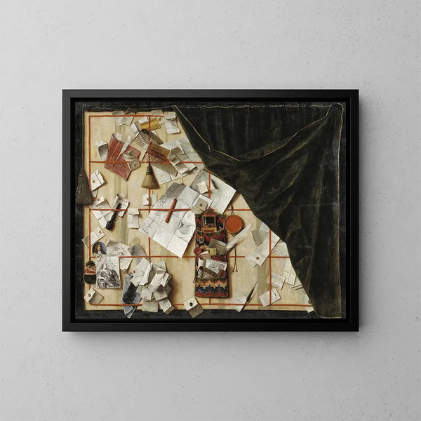 Trompe-l'œil painting of a letter holder with the proclamation of Christian V - Cornelius Norbertus Gijsbrechts — framed artwork on a wall