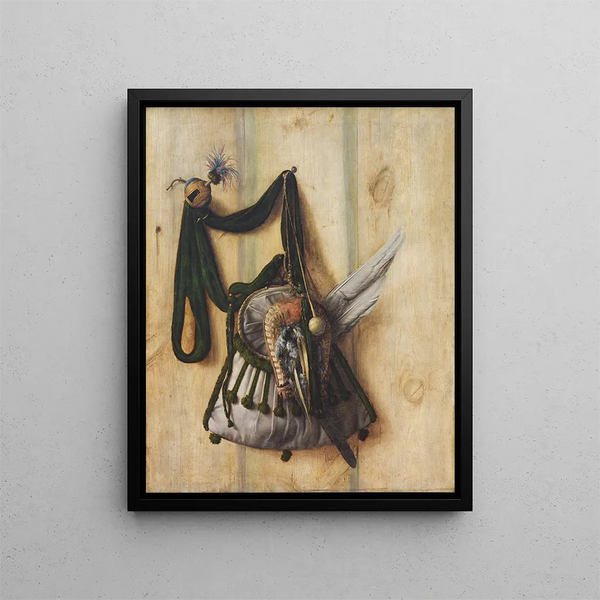 Trompe-l'œil with falconer’s bag and other falconry equipment - Cornelius Norbertus Gijsbrechts — framed artwork on a wall