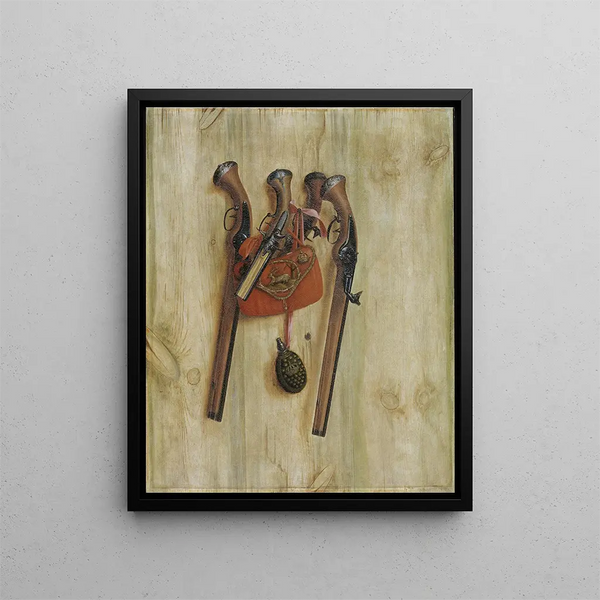 Trompe-l'œil with pistols - Cornelius Norbertus Gijsbrechts — framed artwork on a wall