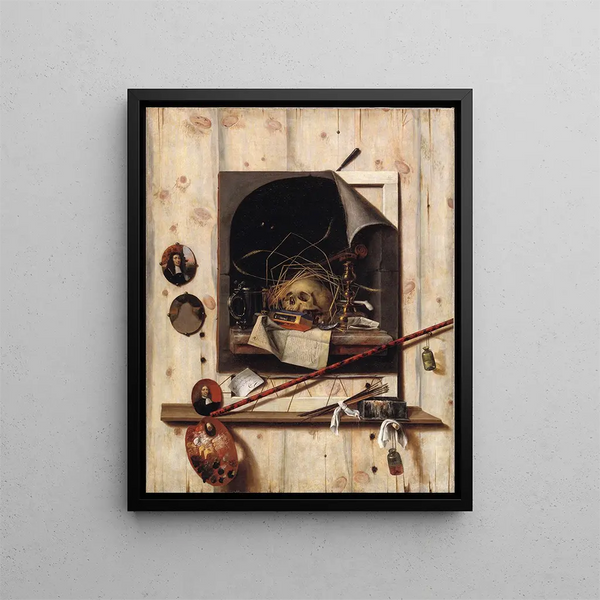Trompe-l'œil with workshop wall and vanitas still life - Cornelius Norbertus Gijsbrechts — framed artwork on a wall