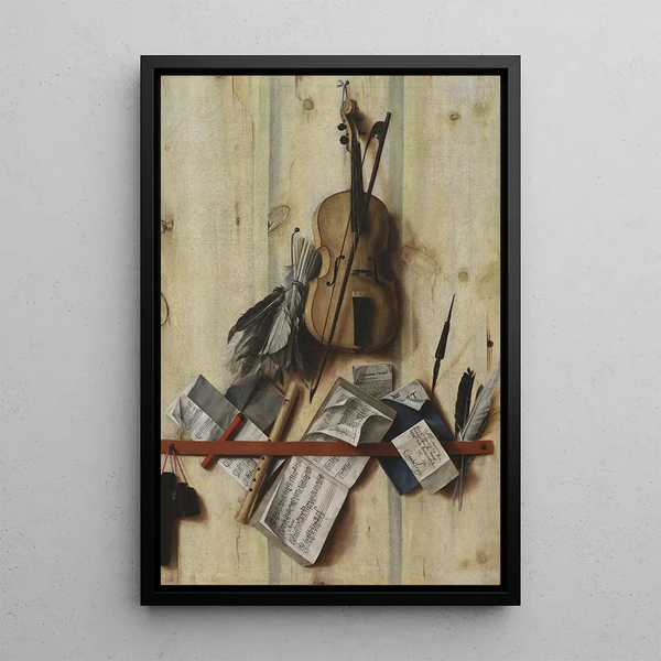 Trompe-l'œil with violin, music book, and recorder - Cornelius Norbertus Gijsbrechts — framed artwork on a wall