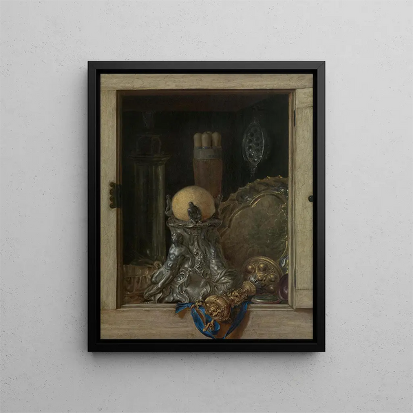 Trompe-l'œil painting of an open wardrobe with precious vases - Cornelius Norbertus Gijsbrechts — framed artwork on a wall