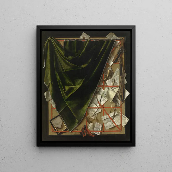 Letter-holder Trompe-l'œil with a pocket violin and a pistol - Cornelius Norbertus Gijsbrechts — framed artwork on a wall
