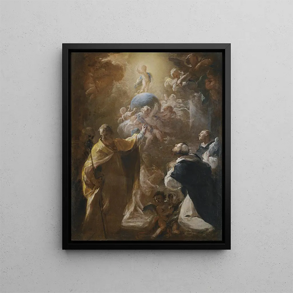 L'Enfant Jésus en gloire avec les saints Dominique et Nicolas - Corrado Giaquinto — framed artwork on a wall