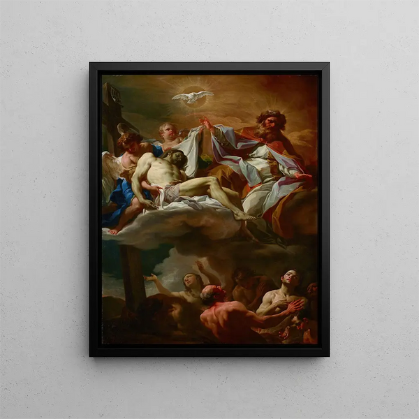 La Trinité avec les âmes du purgatoire - Corrado Giaquinto — framed artwork on a wall