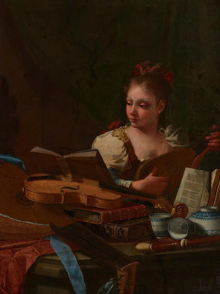 Cristoforo Munari - A girl playing a mandora with a lute a violin a recorder books and blue and white porcelain on a table.webp