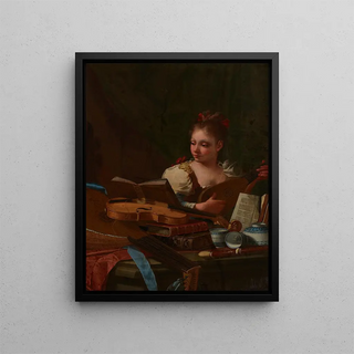 Cristoforo Munari - A girl playing a mandora with a lute a violin a recorder books and blue and white porcelain on a table.webp