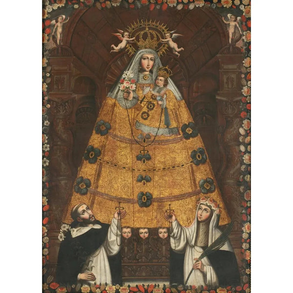 Notre-Dame du Rosaire avec Saint Dominique et Sainte Rose - Ecole de Cusco — framed artwork on a wall