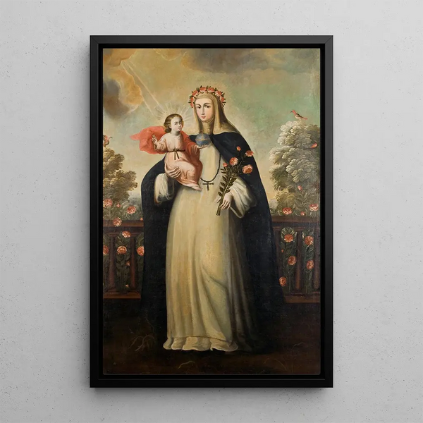 Saint Rose of Lima with the Child Jesus - School of Cusco — framed artwork on a wall