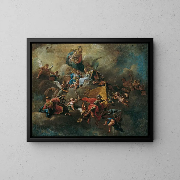 Marie with the Child and saints enthroned on clouds - Daniel Gran — framed artwork on a wall