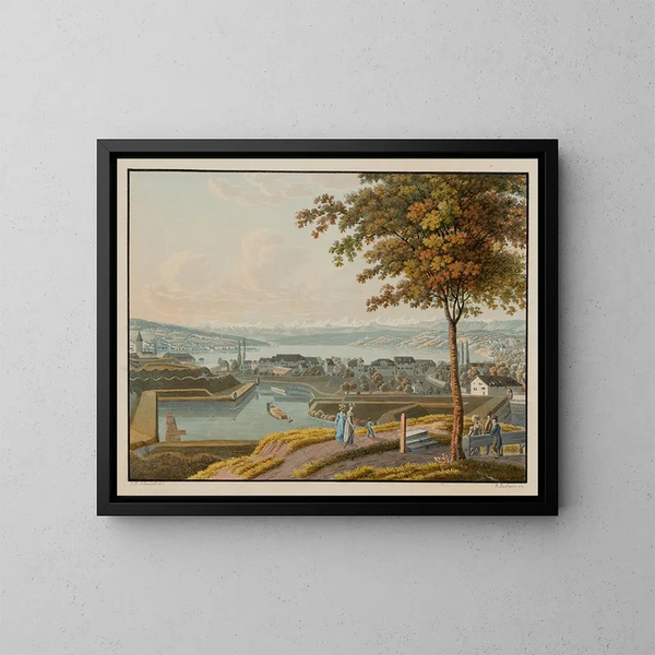 Vue du lac et des environs de Zurich depuis le rempart du Chat - David Alois Schmid — framed artwork on a wall