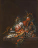 van een stilleven met oesters, druiven, kersen, rozen, maïs, slakken, een meloen en een zilveren suikerpot op een stenen sokkel - David Cornelisz de Heem — weergave van het kunstwerk