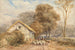 van een reiziger te paard met een herder en zijn schapen bij een schuur langs een landweg - David Cox — weergave van het kunstwerk