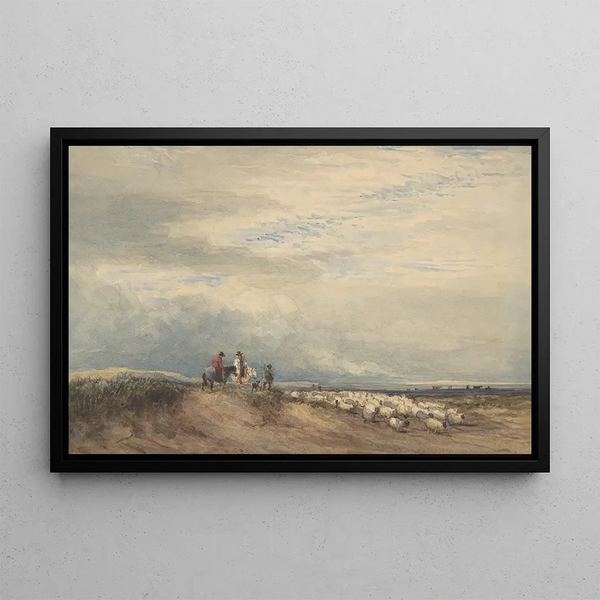ruiters met schapen bij een estuarium - David Cox — ingelijst kunstwerk aan de muur