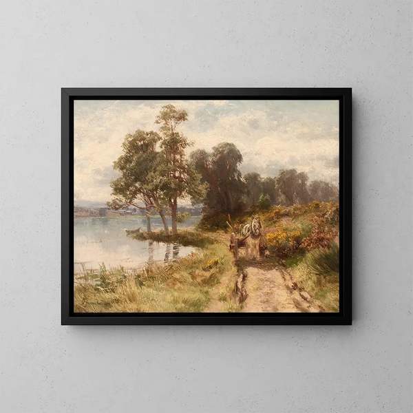 houten kar naast een meer - David Farquharson — ingelijst kunstwerk aan de muur