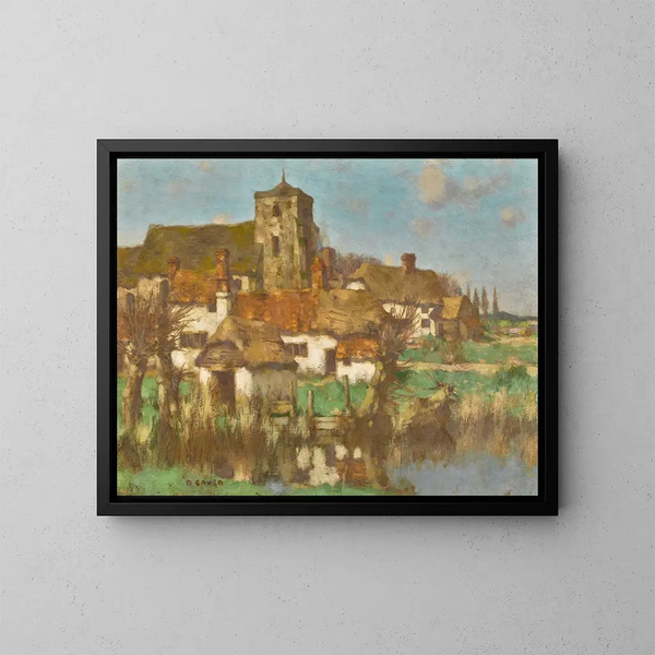 Église et cottages agricoles au bord d'une rivière - David Gauld — framed artwork on a wall