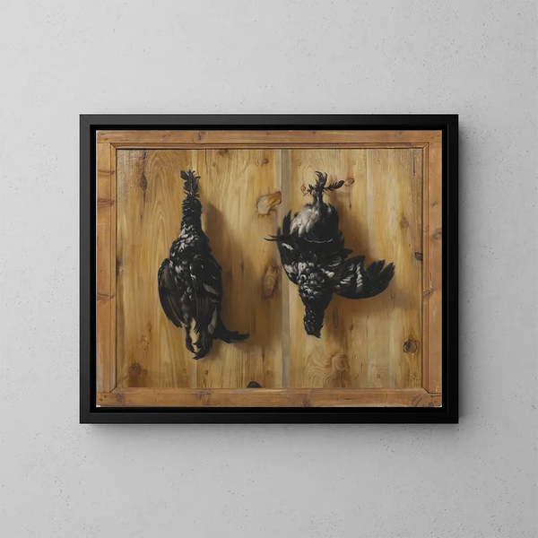 Still life with two roosters on a blue wall - David Klöcker Ehrenstrahl — framed artwork on a wall