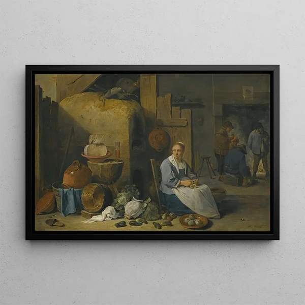 Interior barn scene with a maid preparing vegetables - David Teniers the Younger — framed artwork on a wall
