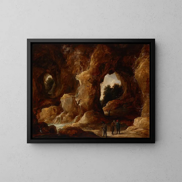 a Cave with Figures, a Deer, and a Stork - David Teniers the Younger — framed artwork on a wall