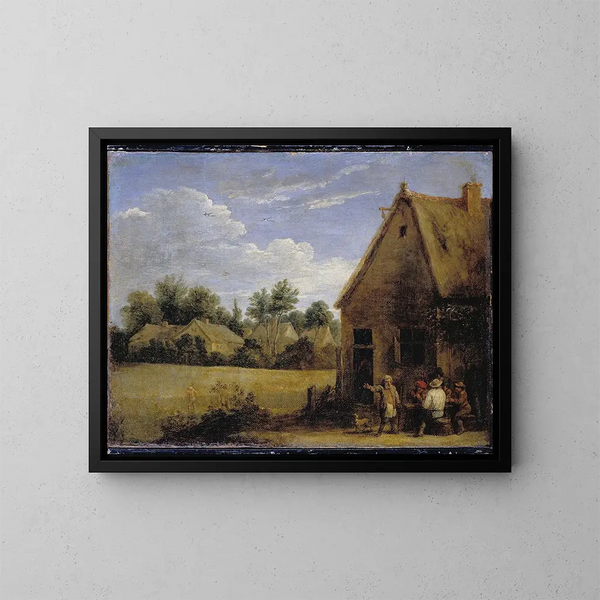 Cottage with peasants playing cards - David Teniers the Younger — framed artwork on a wall