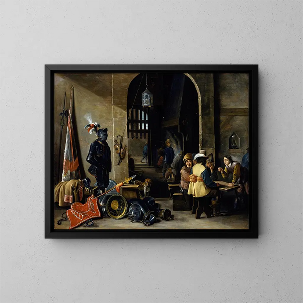 soldiers playing dice - David Teniers the Younger — framed artwork on a wall