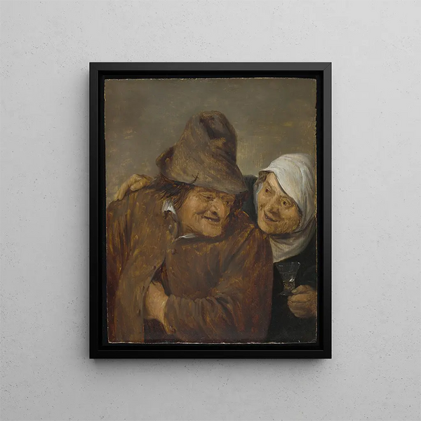 Two peasants with a glass of wine - David Teniers the Younger — framed artwork on a wall