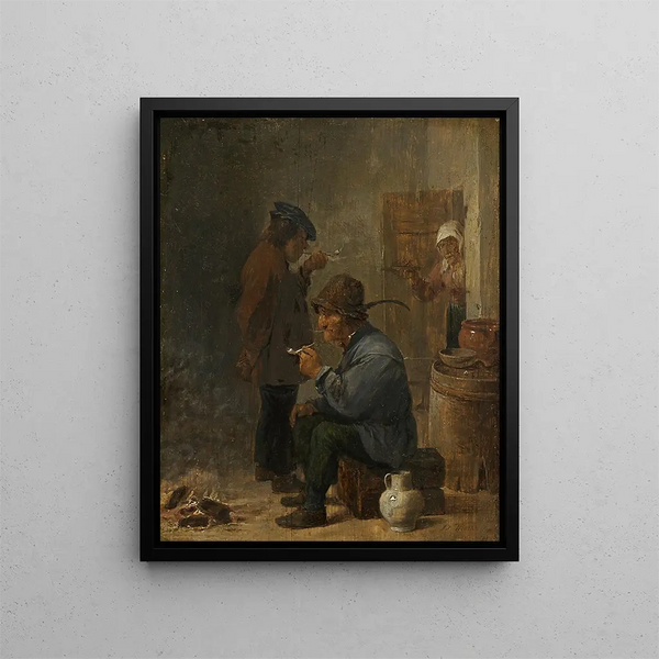 Two peasant smokers by the charcoal fire - David Teniers the Younger — framed artwork on a wall