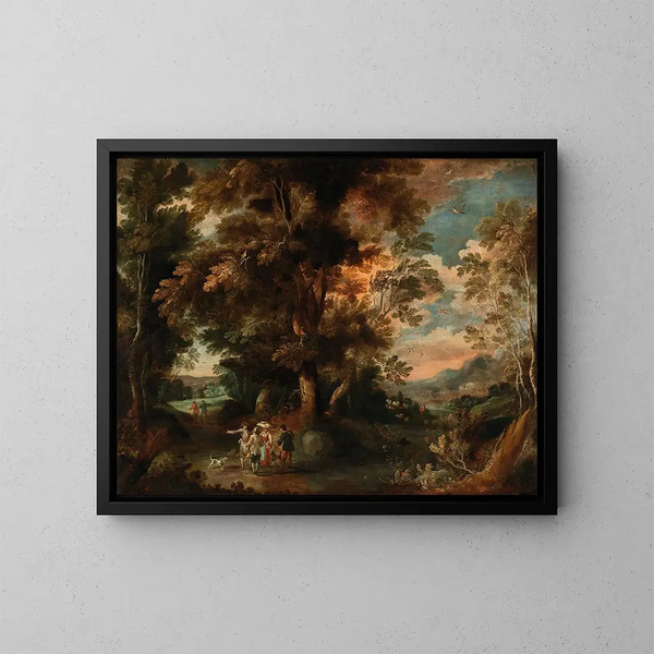 a wooded landscape with travelers - David Vinckboons — framed artwork on a wall