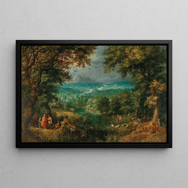A vast wooded landscape with biblical characters - David Vinckboons — framed artwork on a wall