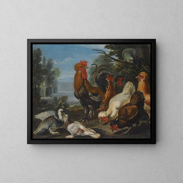 Ducks, guinea pigs, and a rabbit in a wooded landscape by a lake - David de Coninck — framed artwork on a wall