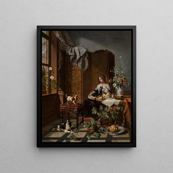 a woman with pet dogs in a sumptuous interior - David Émile Joseph de Noter — framed artwork on a wall