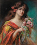 portret van een dame in een ochtendjas die rozen vasthoudt - Delphin Enjolras — weergave van het kunstwerk