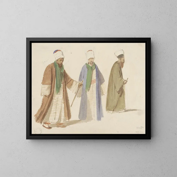 Études de costumes de trois derviches à Kaffa - Denis Auguste Marie Raffet — framed artwork on a wall