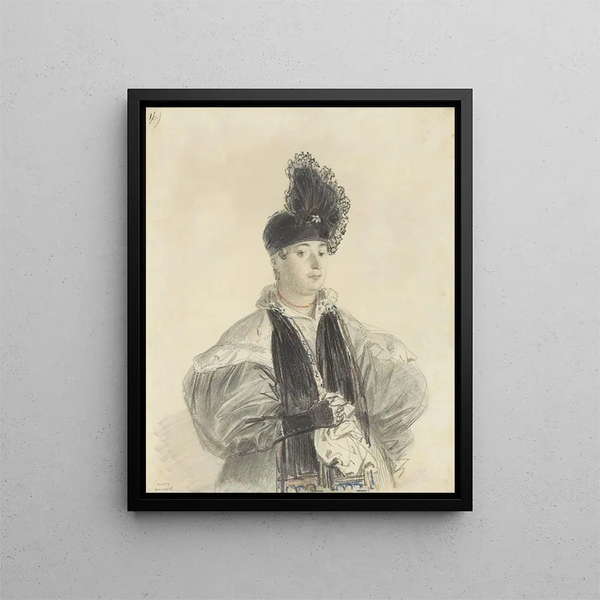 Portrait of a lady standing with a black shawl and a black hat - Denis Auguste Marie Raffet — framed artwork on a wall
