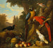 van Twee ara's, een kaketoe, een raaf met een rode snavel en andere vogels in een landschap met fruit - Jakob Bogdny — weergave van het kunstwerk