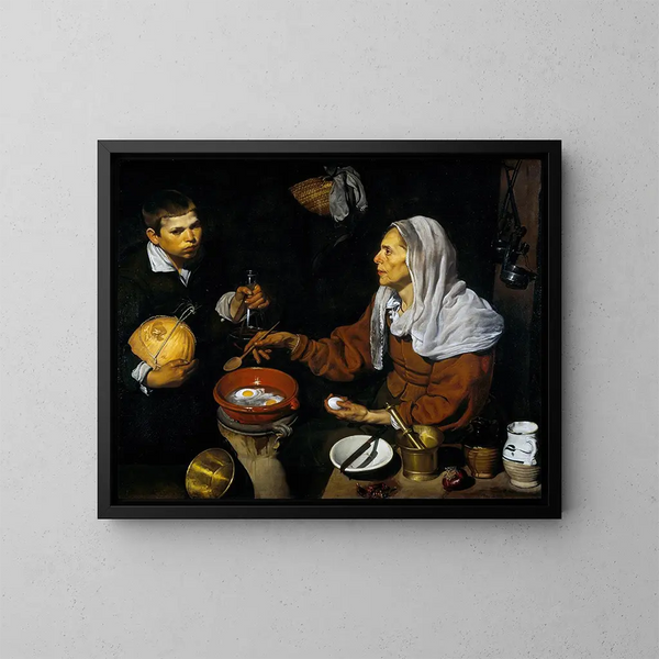 Een oude vrouw die eieren kookt - Diego Velázquez — ingelijst kunstwerk aan de muur