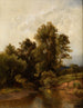 Landschapschilderij met bosrijk landschap aan de rand van een rivier - Dietrich Langko — weergave van het kunstwerk