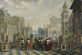 Dirck Van Delen - An Elaborate Palace Courtyard With Elegant Company Proceeding Towards A Great Staircase.webp