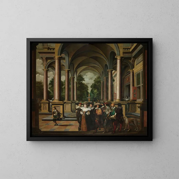 a gallery painting of a palace with ornamental architecture and columns - Dirck van Delen — framed artwork on a wall