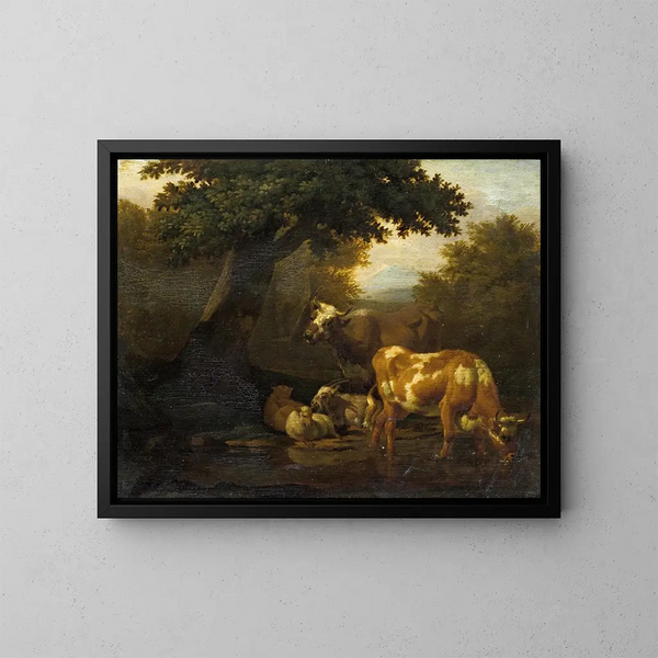 Livestock at the Watering Hole - Dirck van Bergen — framed artwork on a wall