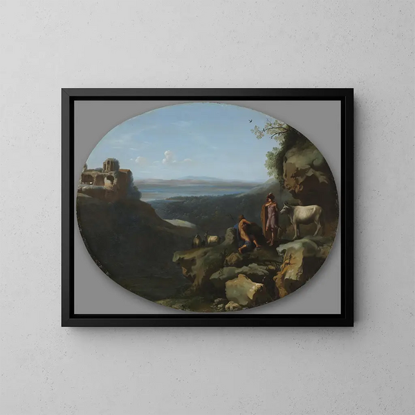 Mercury and Argus in a landscape - Dirck van der Lisse — framed artwork on a wall