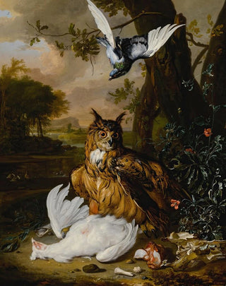 Dirk Valkenburg - A Eurasian eagleowl with other birds in a landscape.webp