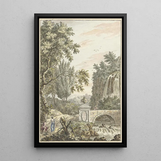 Dirk Versteegh - Arcadisch boslandschap met een waterval een brug en drie jongemannen.webp