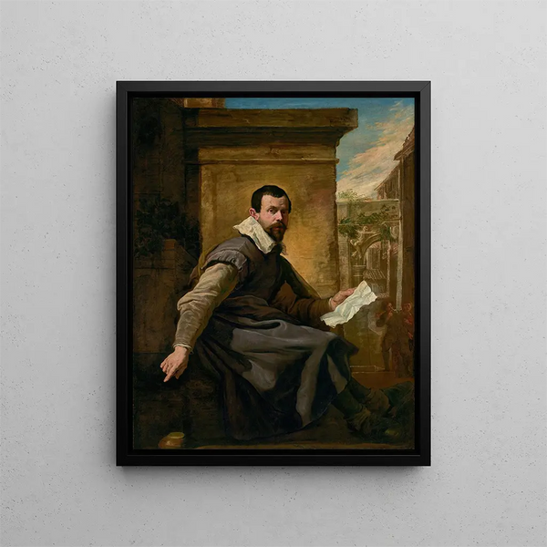 Portrait of a man with a music sheet - Domenico Fetti — framed artwork on a wall